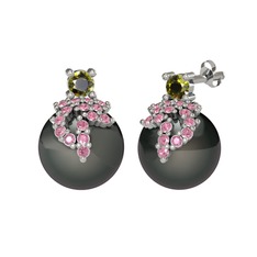 Afra İnci Küpe - Peridot, pembe kuvars ve siyah inci 18 ayar beyaz altın küpe #19ofnpn