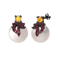 Afra İnci Küpe - Sitrin, kök yakut ve inci 925 ayar siyah rodyum kaplama gümüş küpe #19oqp9