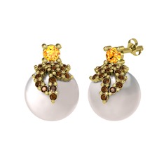 Sitrin, dumanlı kuvars ve inci 14 ayar altın küpe