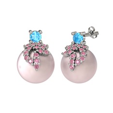 Afra İnci Küpe - Akuamarin, pembe kuvars ve pembe inci 14 ayar beyaz altın küpe #19tqhq5