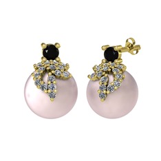 Siyah zirkon, pırlanta ve pembe inci 8 ayar altın küpe (0.352 karat)