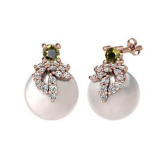 Afra İnci Küpe - Peridot, swarovski ve inci 8 ayar rose altın küpe #1a54g8e
