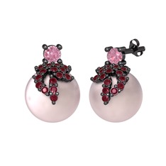 Afra İnci Küpe - Pembe kuvars, kök yakut ve pembe inci 925 ayar siyah rodyum kaplama gümüş küpe #1a7arpq