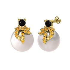 Afra İnci Küpe - Siyah zirkon, sitrin ve inci 925 ayar altın kaplama gümüş küpe #1ae2mep