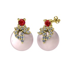 Garnet, pırlanta ve pembe inci 14 ayar altın küpe (0.352 karat)