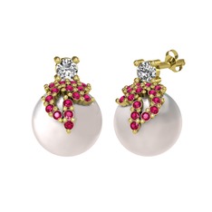 Swarovski, rodolit garnet ve inci 18 ayar altın küpe