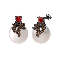 Afra İnci Küpe - Garnet, dumanlı kuvars ve inci 925 ayar siyah rodyum kaplama gümüş küpe #1amnj7m