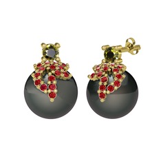 Peridot, garnet ve siyah inci 14 ayar altın küpe