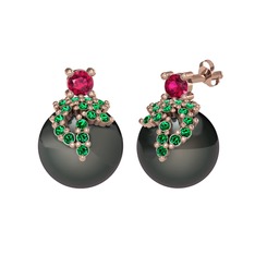 Afra İnci Küpe - Rodolit garnet, yeşil kuvars ve siyah inci 14 ayar rose altın küpe #1b7je2w