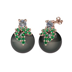 Afra İnci Küpe - Pırlanta, yeşil kuvars ve siyah inci 14 ayar rose altın küpe (0.22 karat) #1bd3rzk