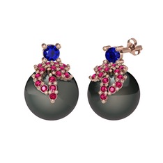 Afra İnci Küpe - Lab safir, rodolit garnet ve siyah inci 18 ayar rose altın küpe #1bkh98s