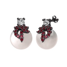 Afra İnci Küpe - Beyaz zirkon, kök yakut ve inci 925 ayar siyah rodyum kaplama gümüş küpe #1boftre