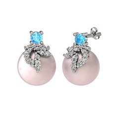 Akuamarin, swarovski ve pembe inci 8 ayar beyaz altın küpe