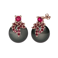 Afra İnci Küpe - Rodolit garnet, kök yakut ve siyah inci 18 ayar rose altın küpe #1ccq874