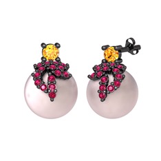 Afra İnci Küpe - Sitrin, rodolit garnet ve pembe inci 925 ayar siyah rodyum kaplama gümüş küpe #1cl286v