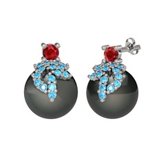 Afra İnci Küpe - Garnet, akuamarin ve siyah inci 18 ayar beyaz altın küpe #1cn8yo7