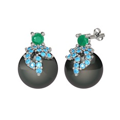 Afra İnci Küpe - Kök zümrüt, akuamarin ve siyah inci 925 ayar gümüş küpe #1cqt0dh