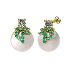 Afra İnci Küpe - Pırlanta, kök zümrüt ve inci 14 ayar altın küpe (0.22 karat) #1ct9v3g