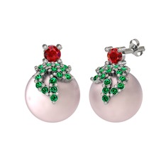 Garnet, yeşil kuvars ve pembe inci 8 ayar beyaz altın küpe