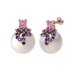 Afra İnci Küpe - Pembe kuvars, ametist ve inci 8 ayar rose altın küpe #1cxgln4