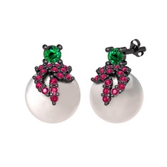 Afra İnci Küpe - Yeşil kuvars, rodolit garnet ve inci 925 ayar siyah rodyum kaplama gümüş küpe #1cxubvp