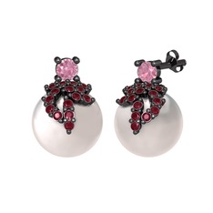 Afra İnci Küpe - Pembe kuvars, kök yakut ve inci 925 ayar siyah rodyum kaplama gümüş küpe #1d2rl5a