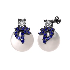 Afra İnci Küpe - Swarovski, lab safir ve inci 925 ayar siyah rodyum kaplama gümüş küpe #1ddx0rf