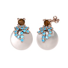 Afra İnci Küpe - Dumanlı kuvars, akuamarin ve inci 8 ayar rose altın küpe #1deh2a1