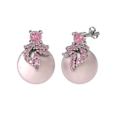 Afra İnci Küpe - Pembe kuvars ve pembe inci 18 ayar beyaz altın küpe #1df6cmc