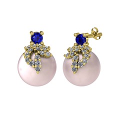 Lab safir, pırlanta ve pembe inci 8 ayar altın küpe (0.352 karat)