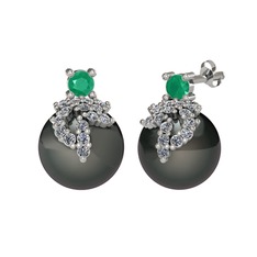 Afra İnci Küpe - Kök zümrüt, pırlanta ve siyah inci 14 ayar beyaz altın küpe (0.352 karat) #1dpchcy