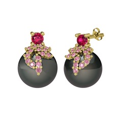 Afra İnci Küpe - Rodolit garnet, pembe kuvars ve siyah inci 8 ayar altın küpe #1ds1ym9