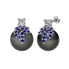 Swarovski, lab safir ve siyah inci 18 ayar beyaz altın küpe