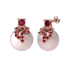 Afra İnci Küpe - Kök yakut, garnet ve pembe inci 18 ayar rose altın küpe #1dv4pmi