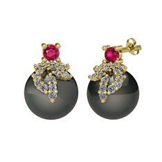 Rodolit garnet, pırlanta ve siyah inci 8 ayar altın küpe (0.352 karat)