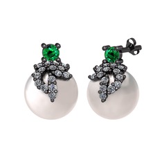 Afra İnci Küpe - Yeşil kuvars, pırlanta ve inci 925 ayar siyah rodyum kaplama gümüş küpe (0.352 karat) #1e26i9i