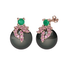 Afra İnci Küpe - Kök zümrüt, pembe kuvars ve siyah inci 18 ayar rose altın küpe #1e7qlxn