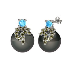 Afra İnci Küpe - Akuamarin, peridot ve siyah inci 14 ayar beyaz altın küpe #1eg9928