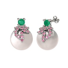 Afra İnci Küpe - Kök zümrüt, pembe kuvars ve inci 925 ayar gümüş küpe #1eost2o