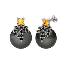 Sitrin, siyah zirkon ve siyah inci 18 ayar beyaz altın küpe