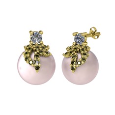 Pırlanta, peridot ve pembe inci 18 ayar altın küpe (0.22 karat)