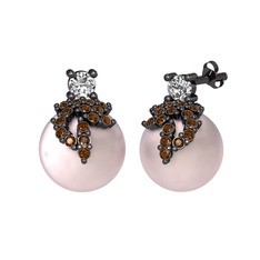 Afra İnci Küpe - Beyaz zirkon, dumanlı kuvars ve pembe inci 925 ayar siyah rodyum kaplama gümüş küpe #1ewkb4g