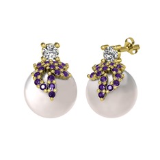 Swarovski, ametist ve inci 14 ayar altın küpe