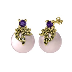 Afra İnci Küpe - Ametist, peridot ve pembe inci 8 ayar altın küpe #1f88z08