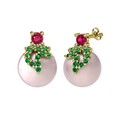 Rodolit garnet, yeşil kuvars ve pembe inci 925 ayar altın kaplama gümüş küpe