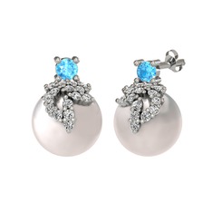 Akuamarin, swarovski ve inci 8 ayar beyaz altın küpe