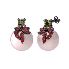 Afra İnci Küpe - Peridot, garnet ve pembe inci 925 ayar siyah rodyum kaplama gümüş küpe #1fp6rm2