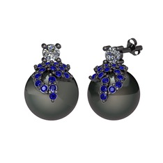 Afra İnci Küpe - Pırlanta, lab safir ve siyah inci 925 ayar siyah rodyum kaplama gümüş küpe (0.22 karat) #1fqzw8y