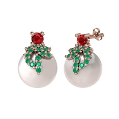 Afra İnci Küpe - Garnet, kök zümrüt ve inci 925 ayar rose altın kaplama gümüş küpe #1fyfdv3