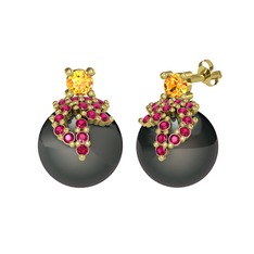 Afra İnci Küpe - Sitrin, rodolit garnet ve siyah inci 14 ayar altın küpe #1g8mes5